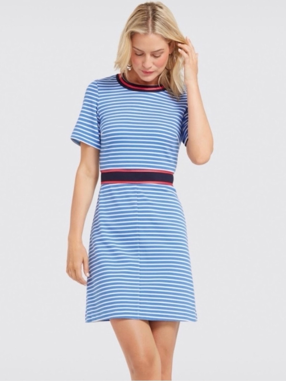 Draper James Striped Blue Short-Sleeve Knit Dress with Contrast Trim